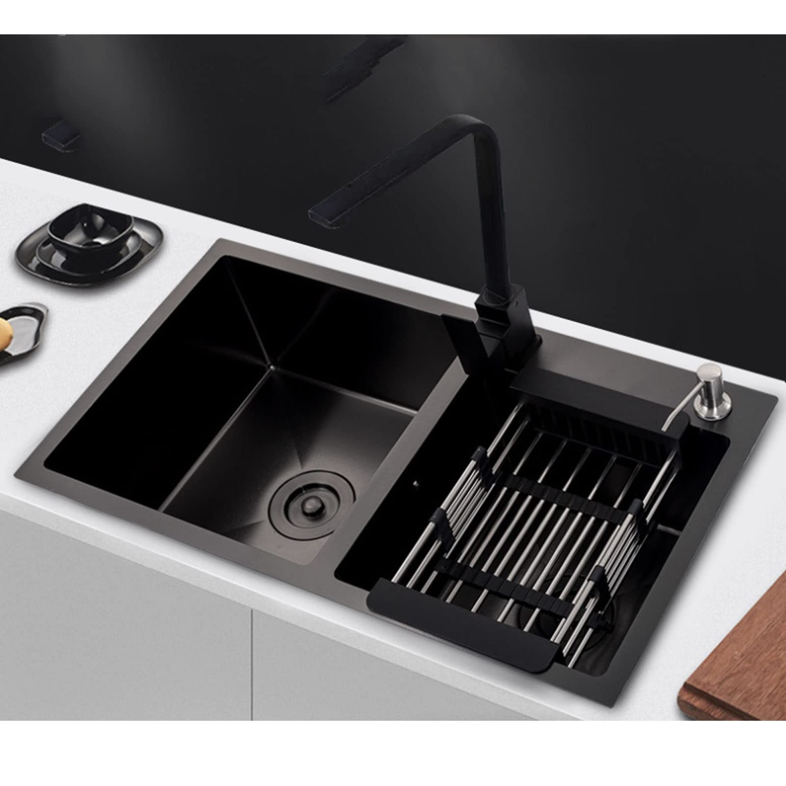 CSXSXAUO Undermount Stainless Steel Double Bowl Kitchen Sink, Multifunctional Workstation with Strainer and Faucet for Commercial Use