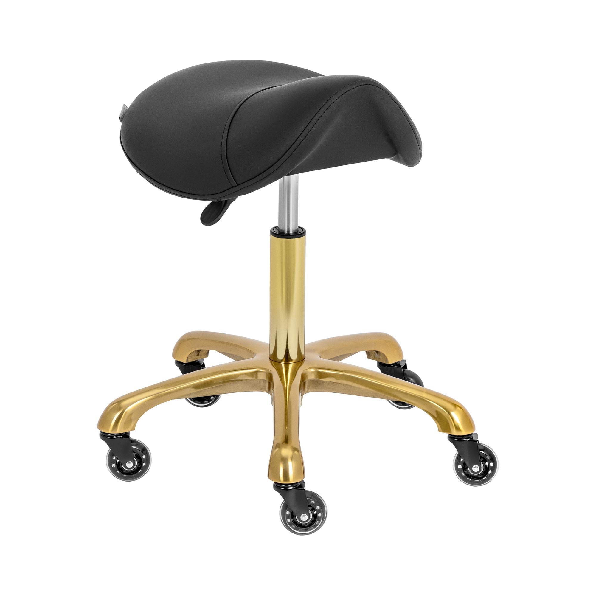Physa Sattelhocker 55-70 cm Sitzhöhe 150 kg schwarz/golden ergonomisch Rollhocker Arbeitshocker Praxishocker