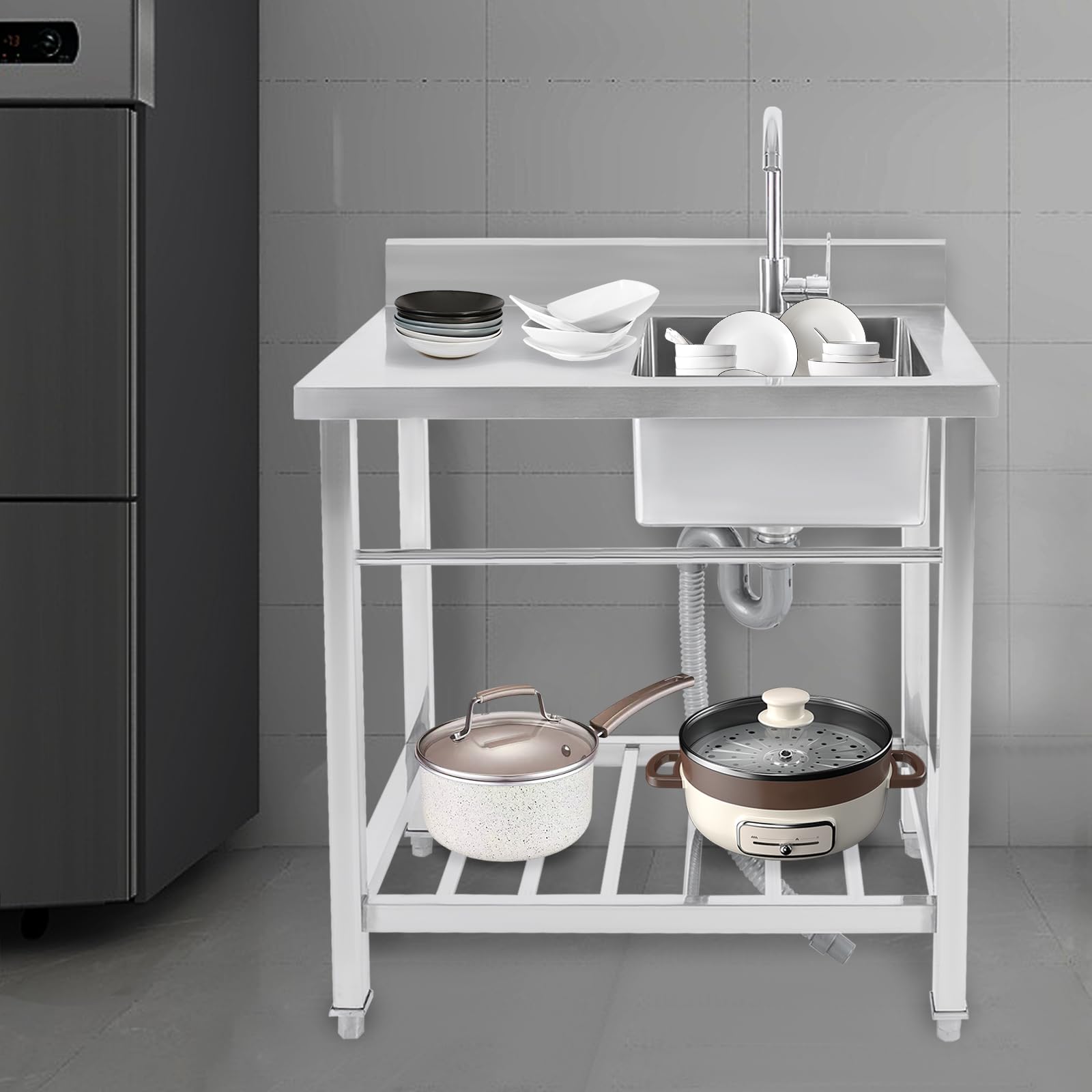Edelstahl Spültisch Freistehende Spüle mit Unterschrank, Commercial 80x55x84cm Outdoor Camping Spüle mit Armatur, Küchenspüle mit Plattform Tragfähigkeit 100KG, 1 Becken