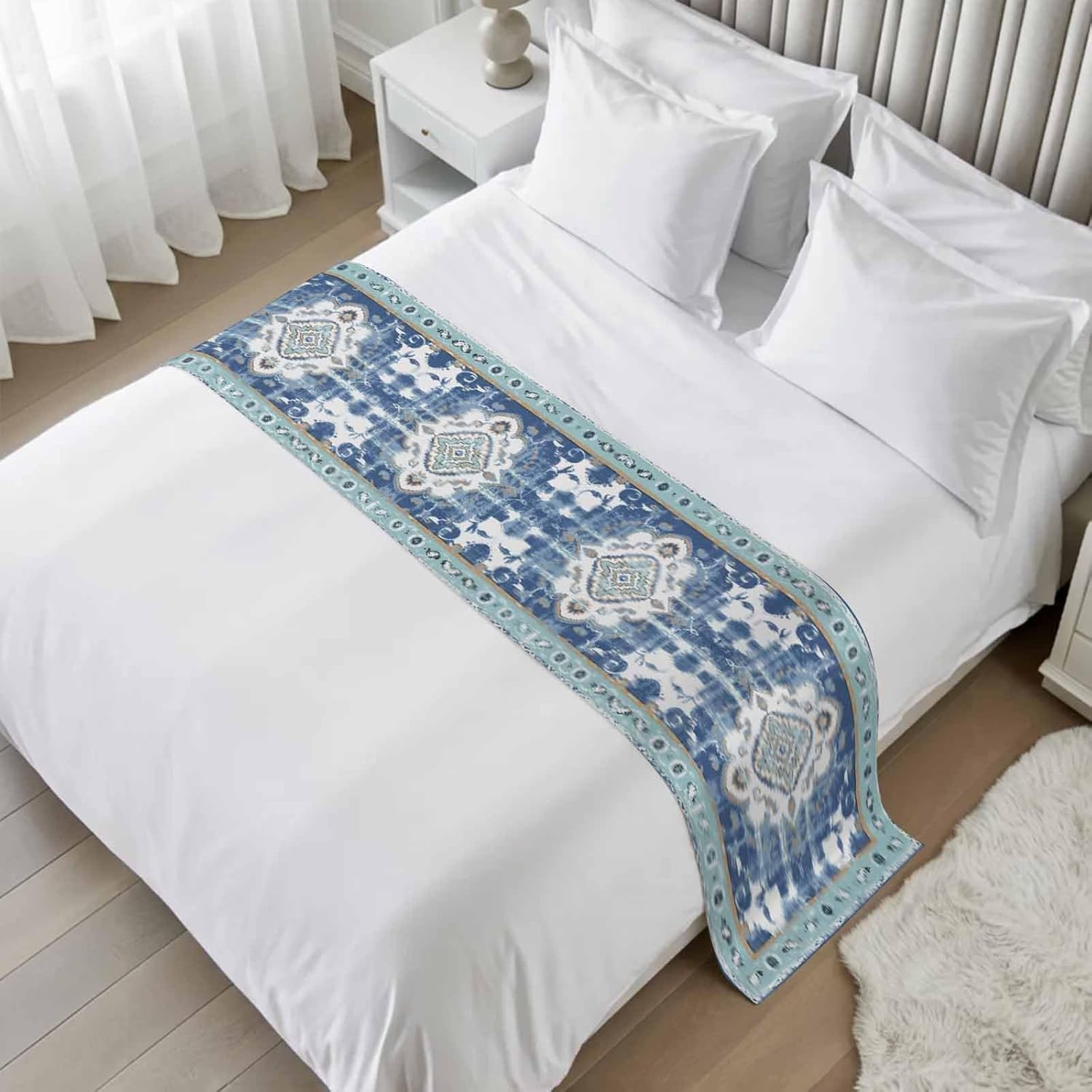 Blue Boho Bed Runner King Size, Farmhouse Bohemian Medallion Oriental Flower Bed Scarf Protector Slipcover for Bedroom Wedding Room Hotel, Bedding Runner Throws for Foot of Beds 94"x20"