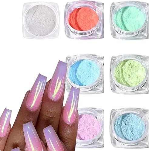 Polvo cromado de sirena blanca con purpurina para uñas, 7 colores iridiscentes Aurora cromados, polvo de neón, pigmento de espejo holográfico, arco