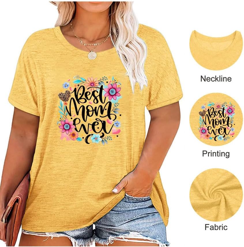 Plus Size T Shirts Women Mama Flower Graphic Printed Tops Short Sleeve Round Neck Casual Loose Fit Tee Tunic - Image 3