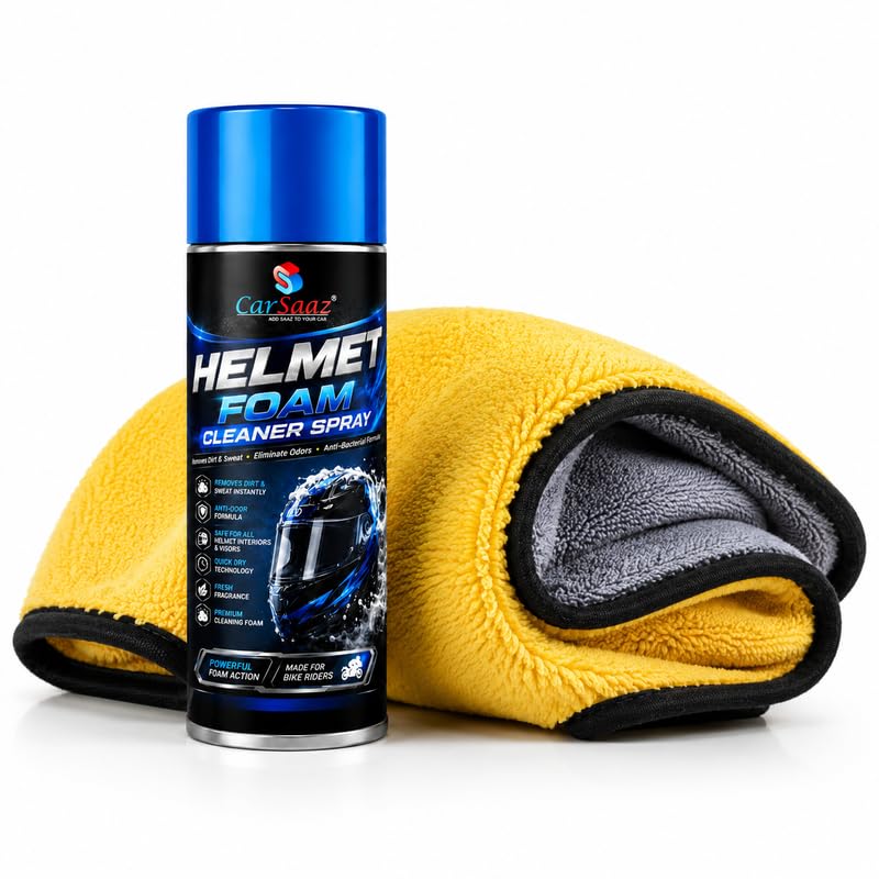 Image of CAR SAAZ Helmet Foam Cleaning Spray 150ml with Microfiber Cloth | Deep Clean Technology, Fresh Fragrance & Quick Dry Formula for Helmets | Safe For Skin & Hair