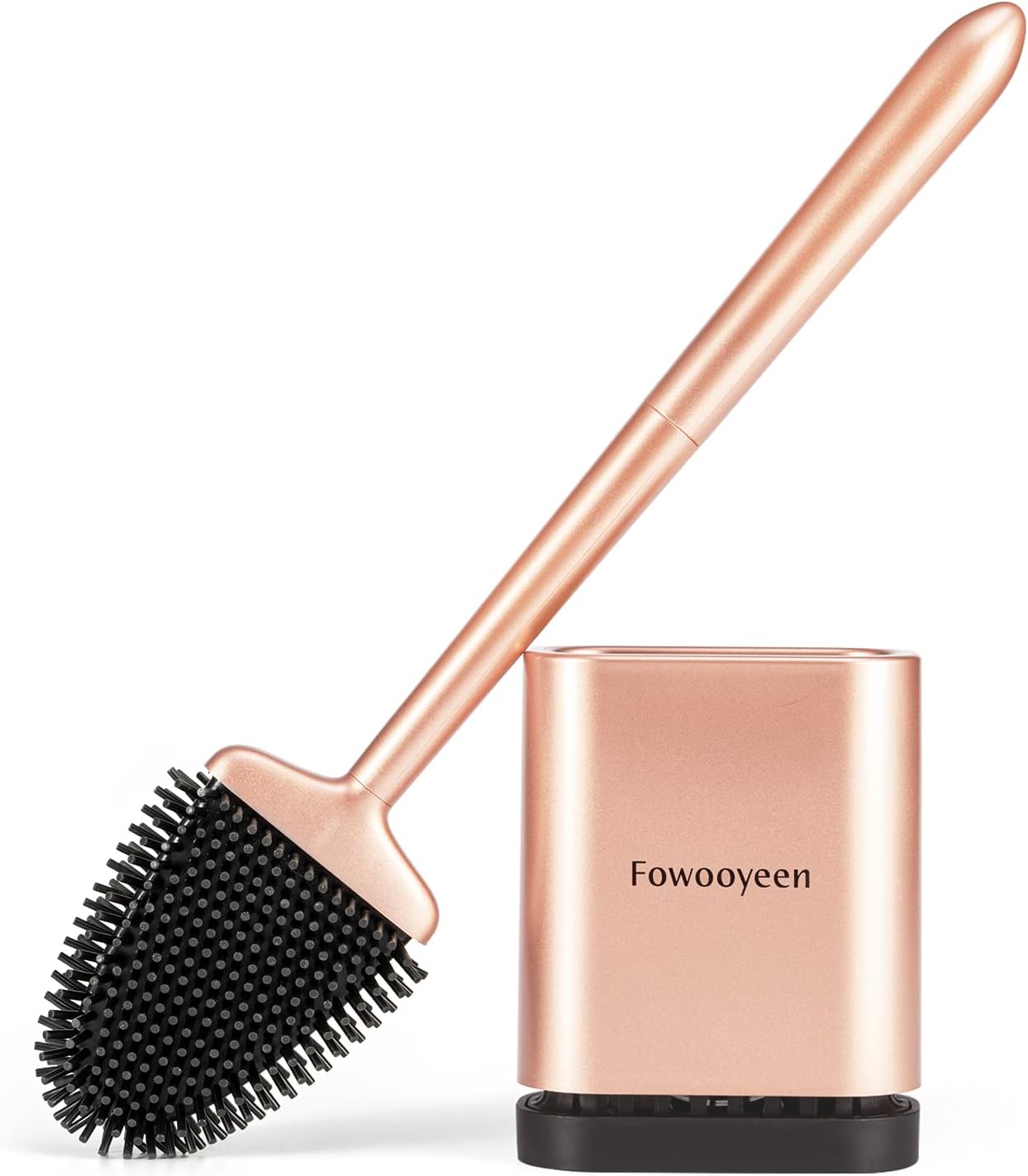 Fowooyeen Silicone Toilet Brush and Holder Set, Automatic Toilet Bowl Brushes with Ventilation Slots Base for Bathroom, Compact Size Cleaning Supplies Toilet Cleaner Brush Black (Gold, 1 Pack)