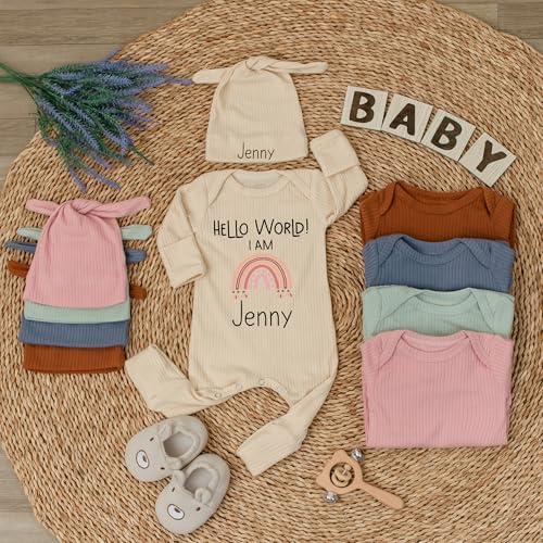 Hello World Personalized Newborn Coming Home Outfit - Custom Name Bodysuit and Hat Newborn Boys Girls 0-3 Months3