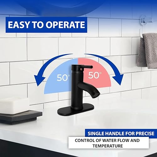 Miniatura 3 de Grifo de baño con boquilla de cascada color negro mate, grifos de recipiente de una sola manija para fregadero de 1 y 3 agujeros con placa de
