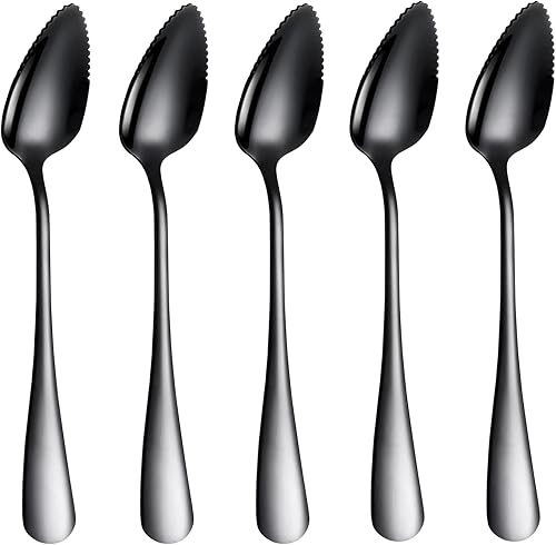 Juego de 5 cucharas de pomelo, juego de utensilios de cuchara de pomelo de acero inoxidable, borde dentado y mango de calibre grueso, herramienta de