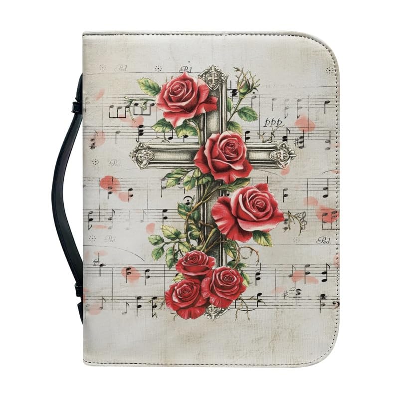 Kuiaobaty Rose Cross Zipper Book Cover with Bookmark for Work,Study, Retro Music Staff Bible Book Carrying Bag Top Handle, Christian Gifts,2XL â image 1