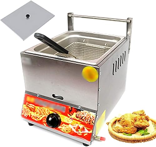 Freidora de gas de encimera comercial de 10 litros con cesta y tapa, freidora de acero inoxidable individual grande y rápida para restaurante,