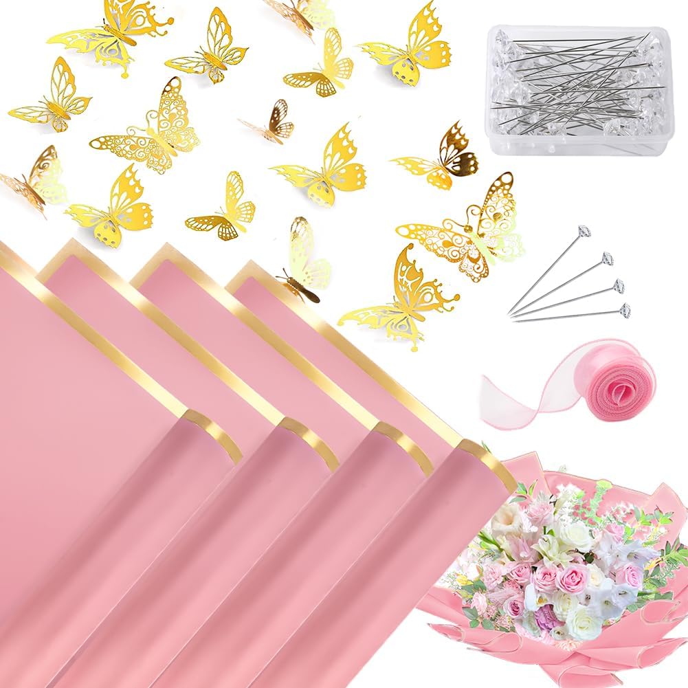 Aksipo 20 Sheets Rose Pink Flower Wrapping Paper