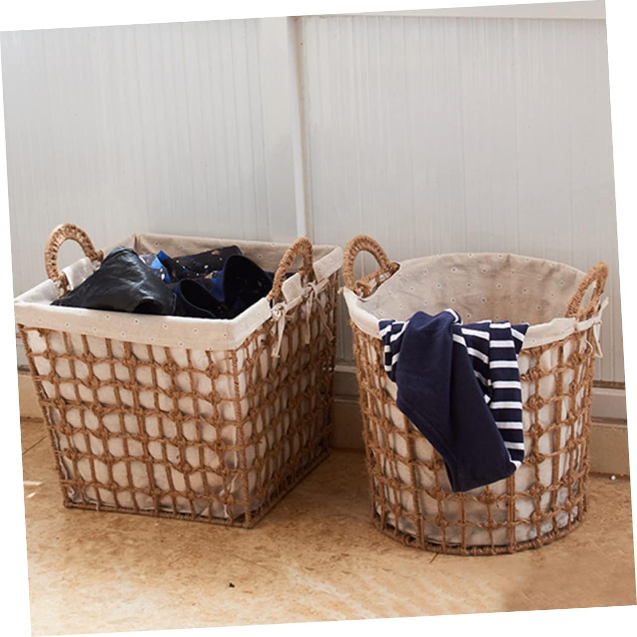 Woven Laundry Basket Portable Household Storage Bin for Clothes and Small Square Rope Handwoven Organizer for Bathroom Living Bedroom Use