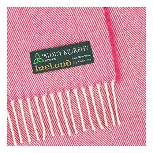 100% Soft Irish Lambswool Throw Toss Blanket, New Wool, 79" X 57" Inches, 3" Fringe, Traditional Herringbone Weave, Imported From Ireland, Heirloom Quality, Fuchsia Pink #TOP3