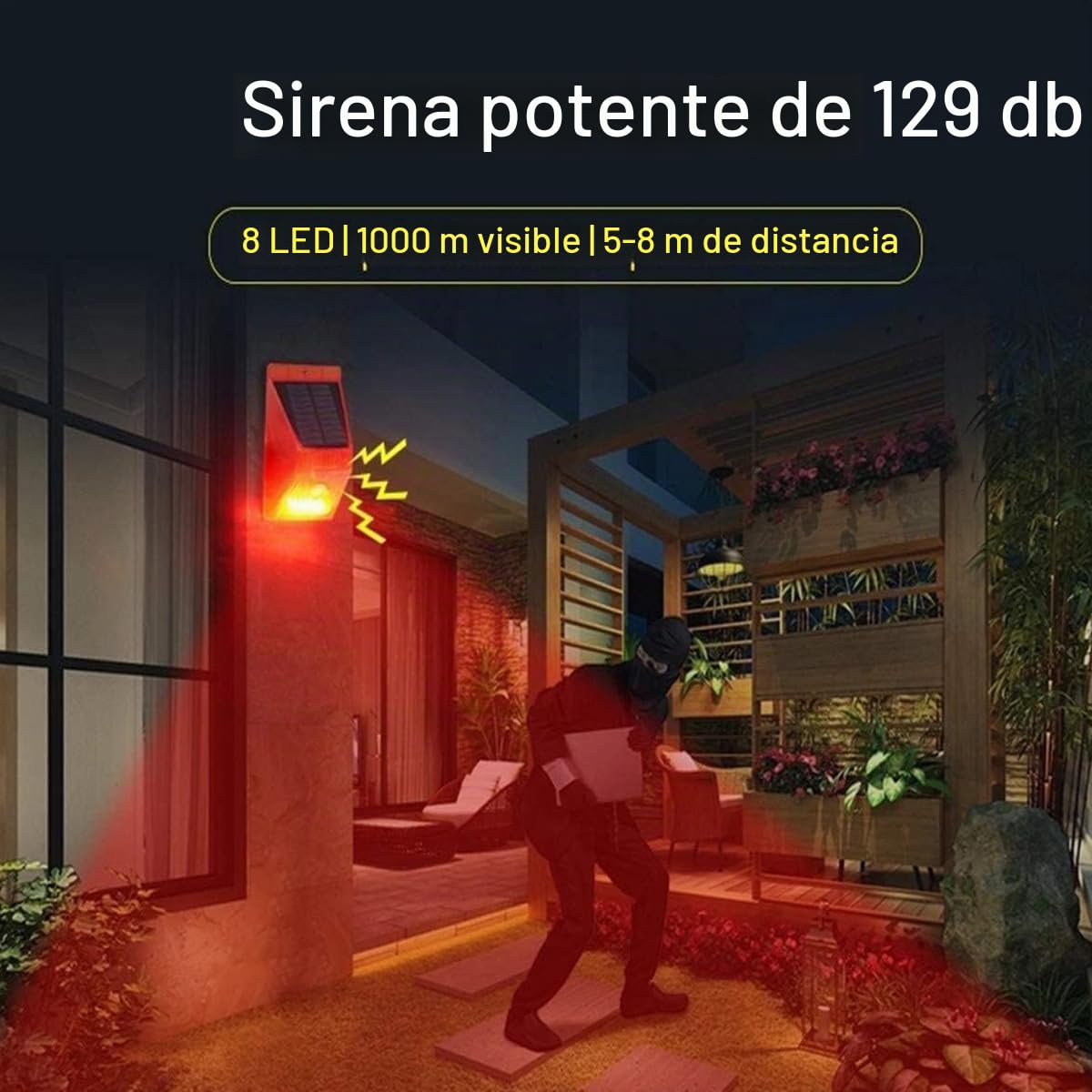 Alarma Solar con Sensor de Movimiento para Exteriores, generador de Ruido de Sirena de 129 dB , 4 Modos de Trabajo,con Control Remoto, para Patio, Granja