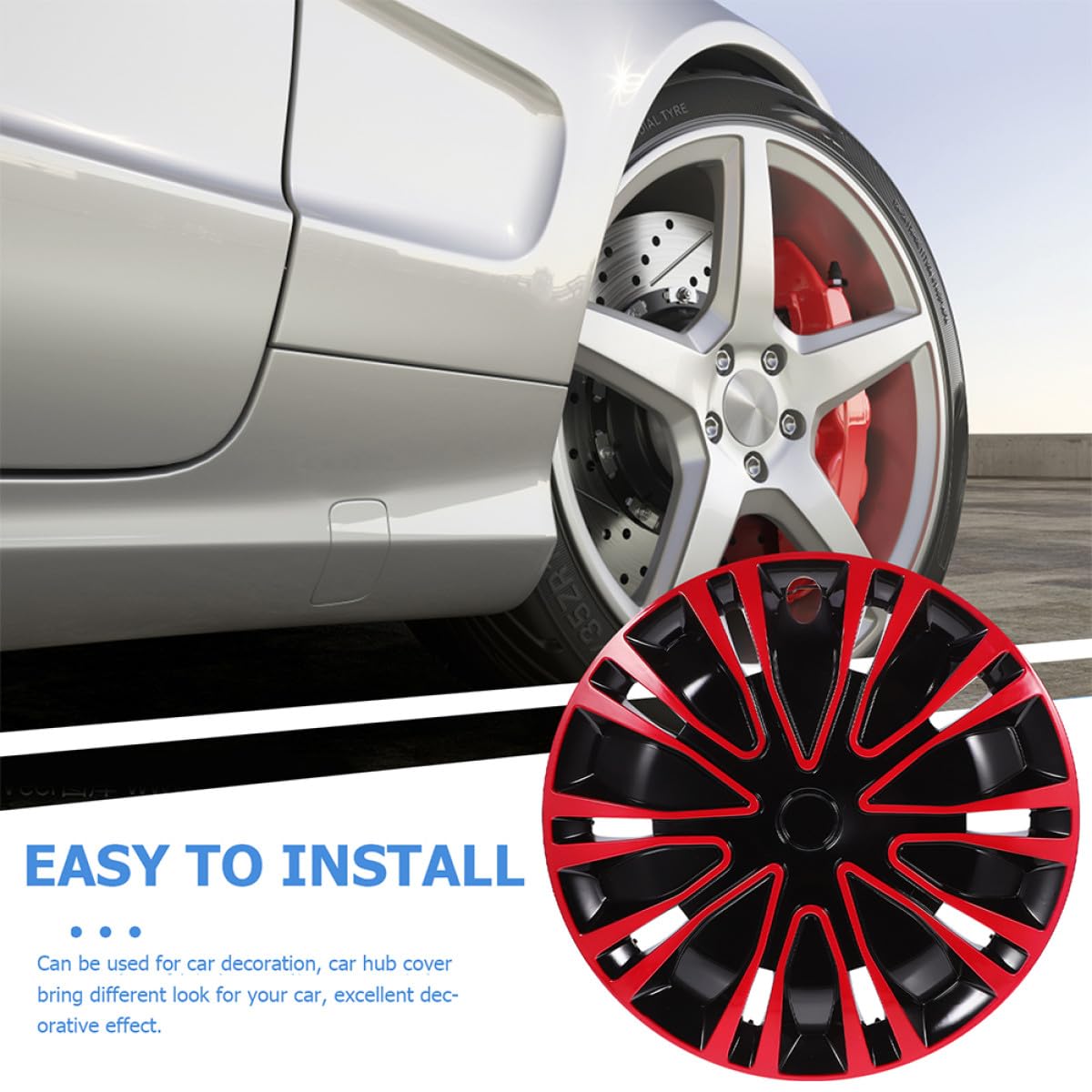 COLLBATH Enjoliveur 16 Pouce en PP pour Voiture, Cache Jante Rouge, Facile à Installer et Protège Les Débris, Enjoliveurs de Moyeu de Roue Automobile