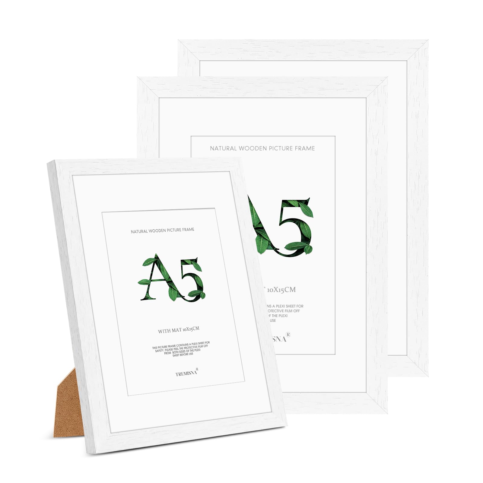 Tremisna® 3x A5(14.8x21cm) White Wood Picture Frame – Removable Mat for 10x15cm Photos or A5 Without Mat, HD Perspex, Stand for Tabletop & Wall Hanging