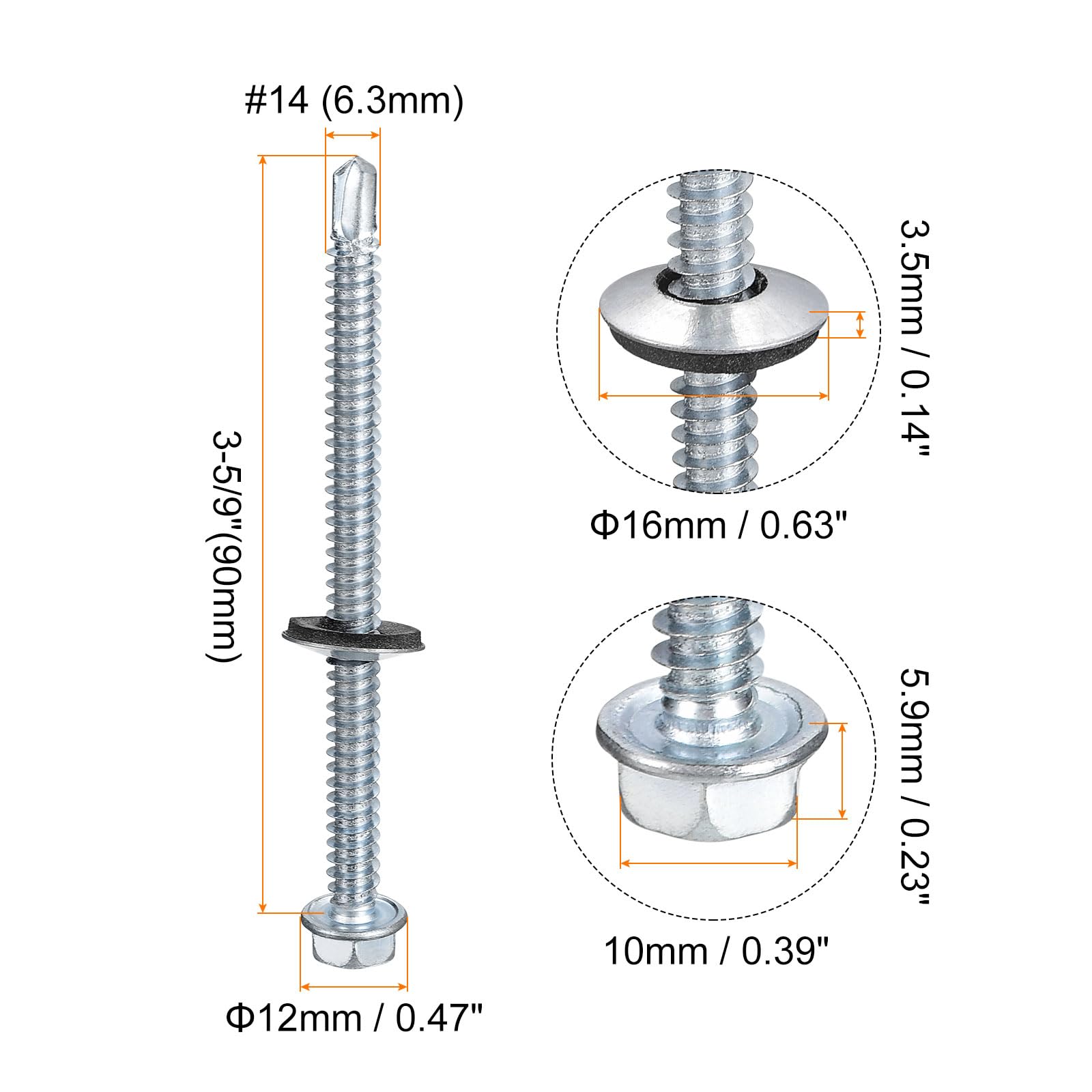 QUARKZMAN #14x3-5/9" Tornillos Autoperforantes con Arandela de Goma, 200Pcs Acabado Zincado Cabeza Hexagonal Tornillos Autorroscantes con Arandela EPDM para Metal