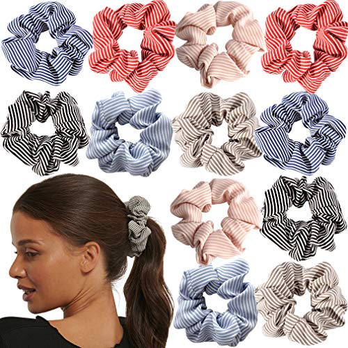 Hair Scrunchies Cotton Striped Pink Red Blue Ties Elastic Hair Bands Ropes for Women or Girls Ponytail Holder Accessories Pack of 12