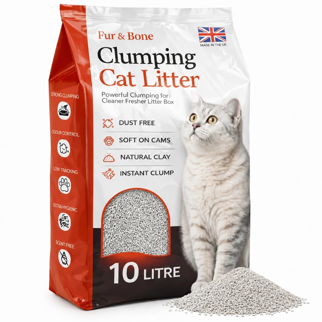 Fur & Bone 10L Clumping Cat Litter – Natural Bentonite Clay – Fast Clumping, Ultra Absorbent, Low Dust, Unscented – Easy Scoop Formula for Odour Control, Indoor Cats & Litter Tray Use
