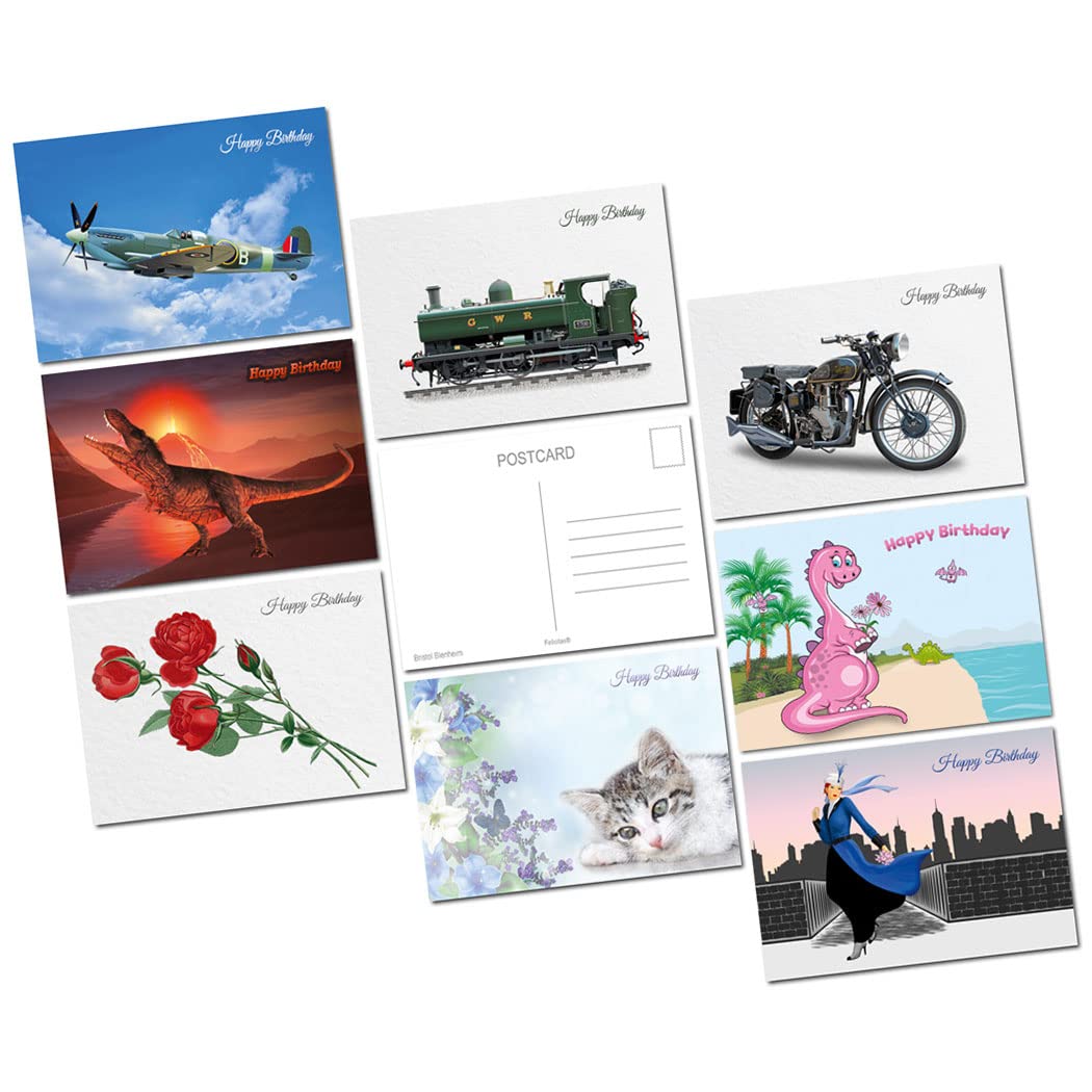 Bulk Buy Birthday Postcards - Assorted Multi Selection Pack - 8 Designs Men Women Children Friends - A6 Bulk Pack of 8 Deluxe Post Cards - Cool Unique Art - UK Made Exclusive to Felicitas