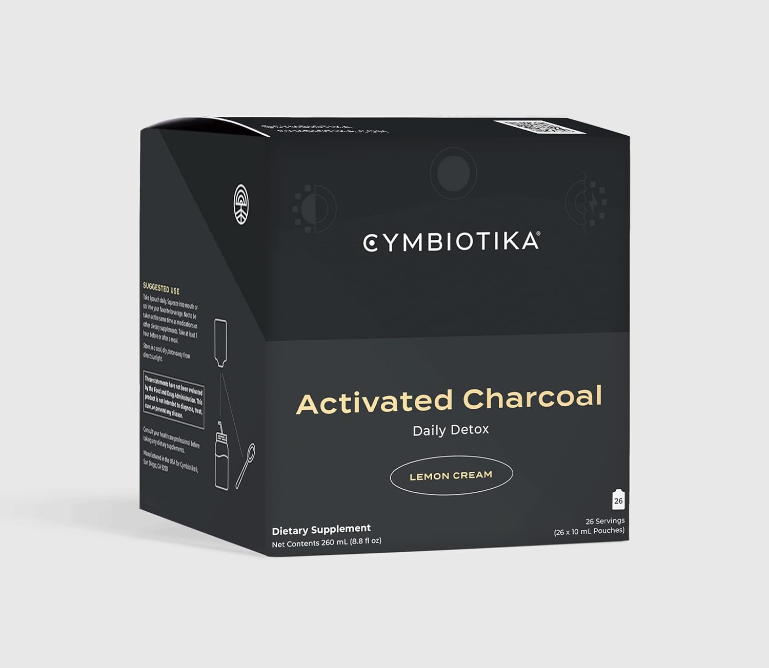 CYMBIOTIKA Activated Charcoal Liquid Supplement, Stomach Detox & Digestive Relief for Adults, Helps Alleviate Gas & Bloating, Easy to Use, Lemon Crème Flavor - 10ml Pouches (Pack of 26) : Health & Household