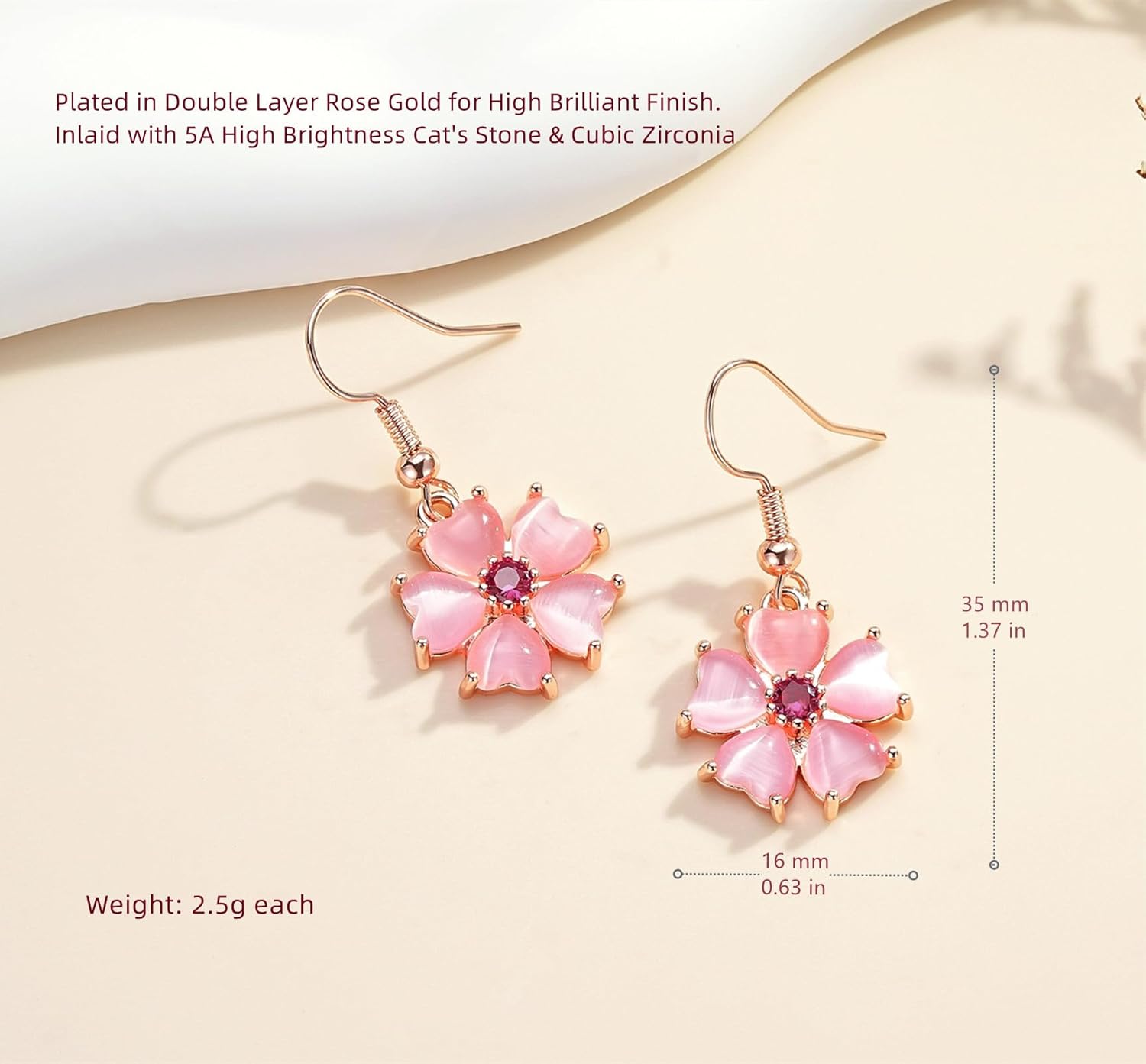 VONSSY Elegant Cherry Blossom Necklace Earrings Pink Cats Eye Flower Flora Sakura Gemstone Crystal Pendant 18k Gold Plated Chain Jewelry Set Gift for Woman Wife Girlfriend - Image 3