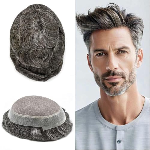 Miniatura 8 de Toupee para hombres Pieza de cabello humano real para hombres Sistema de reemplazo de cabello fino Mono Mens Toupee Piezas de pelo Poly Men