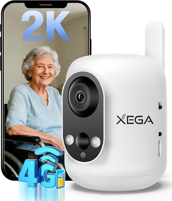 Xega 4G LTE Cellular Security Camera Indoor Wireless, 2K No WiFi Camera | for Baby/Pet/Elderly with Phone App, 355°P/60°T, 6000mAh Battery, PIR Detection, Cloud/TF, Not Waterproof, Built-in SIM Card
