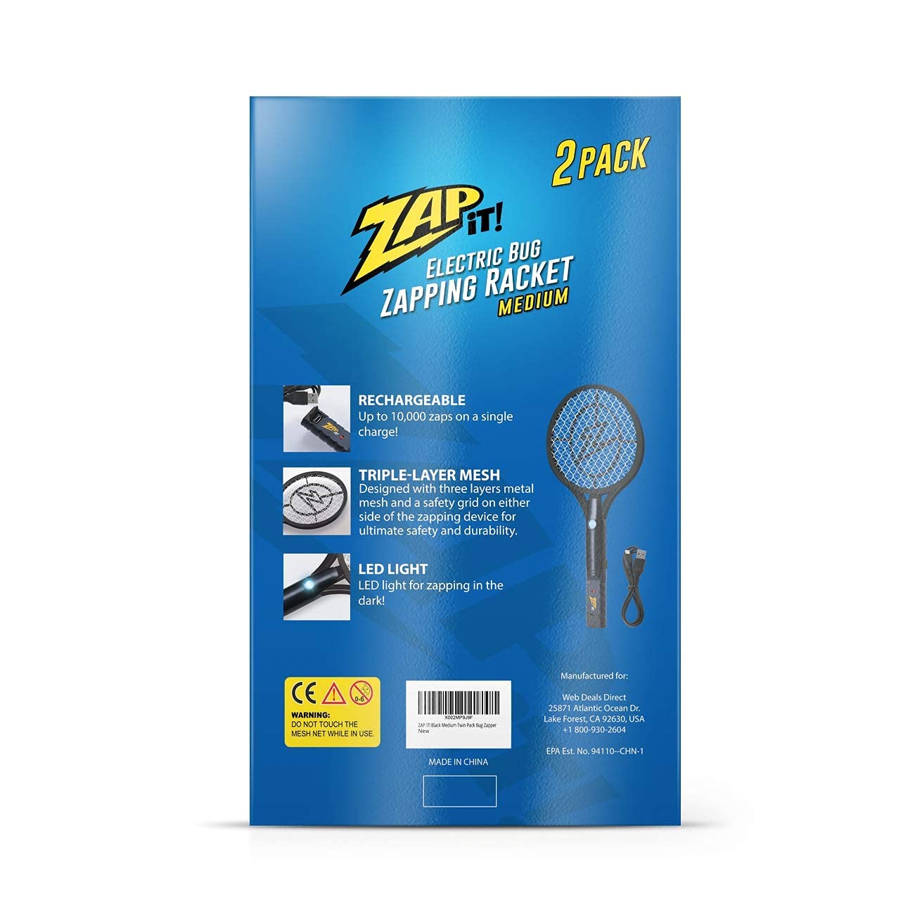 ZAP IT! Bug Zapper - Racchetta per insetti ricaricabile, 4.000 Volt, cavo di ricarica USB, confezione da 2