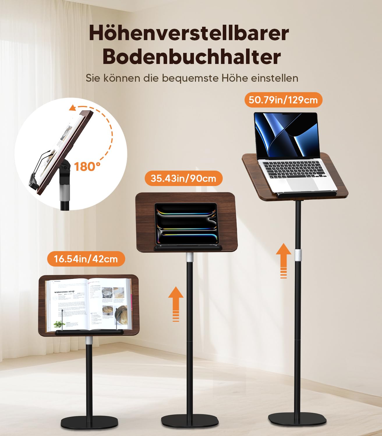 2 in 1 Buchständer Book Stand Höhenverstellbarer Buchhalter für Boden/Tisch mit XXL-Platte 180°-Neigung Leseständer Notenständer Laptophalter Rutschfeste Basis für Kinder & Erwachsene