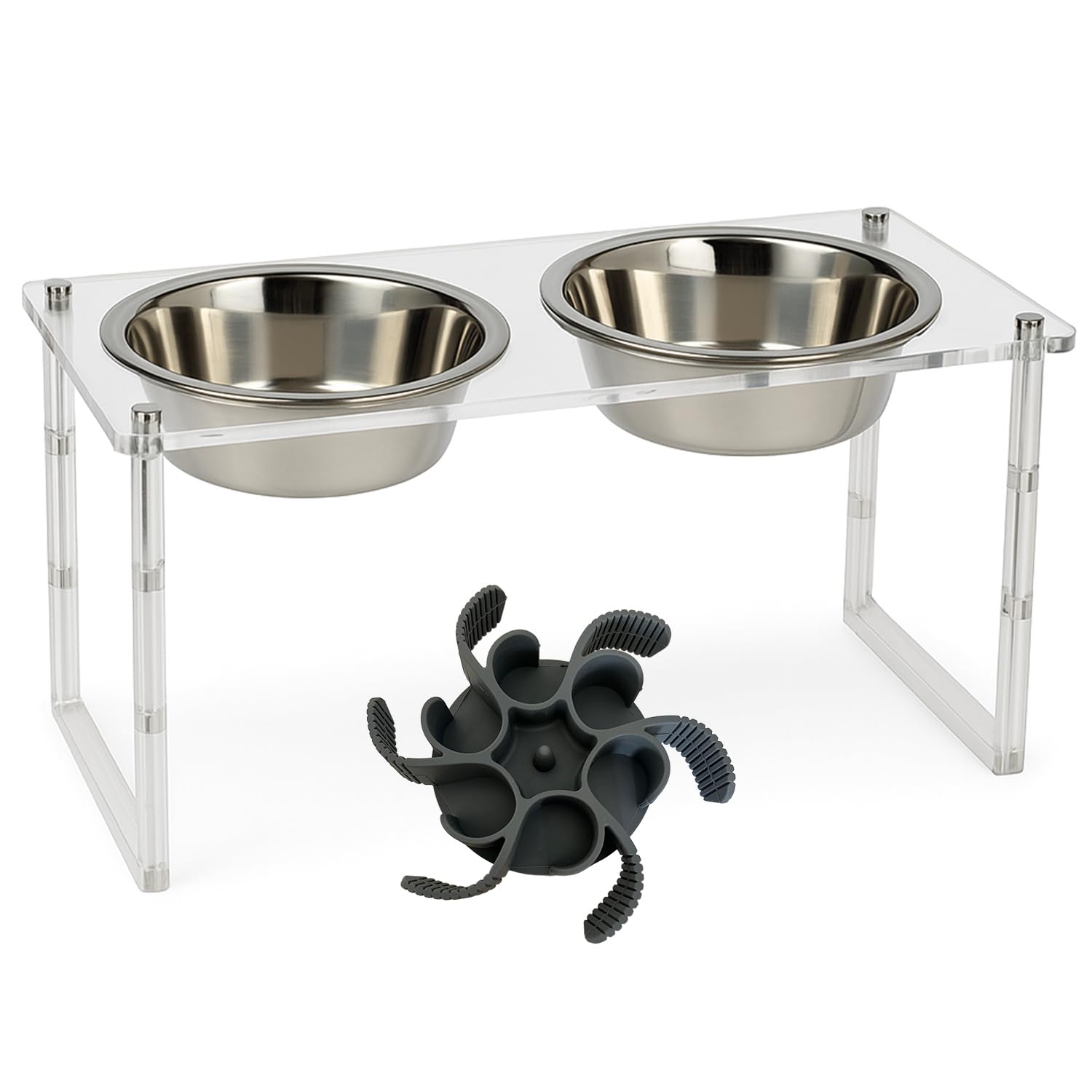 Gamelle Double Chien et Chat Surélevée - Support 4 Hauteurs Ajustables – Double Bols en Acier Inoxydable 800ML + Accessoire Anti-Glouton - Installation Facile - Design Intérieur