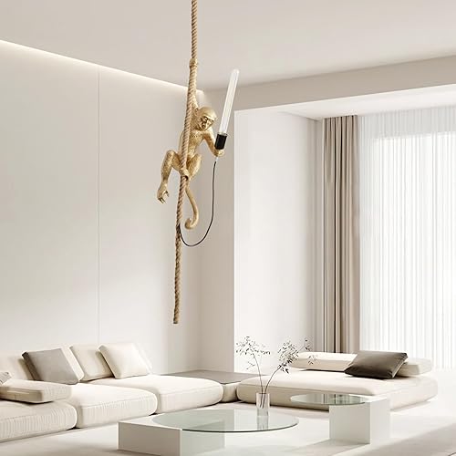 Miniatura 8 de Lámpara industrial colgante de resina con cuerda de cáñamo y figura de mono, vintage retro, base E26 Edison, para comedor, sala de estar,