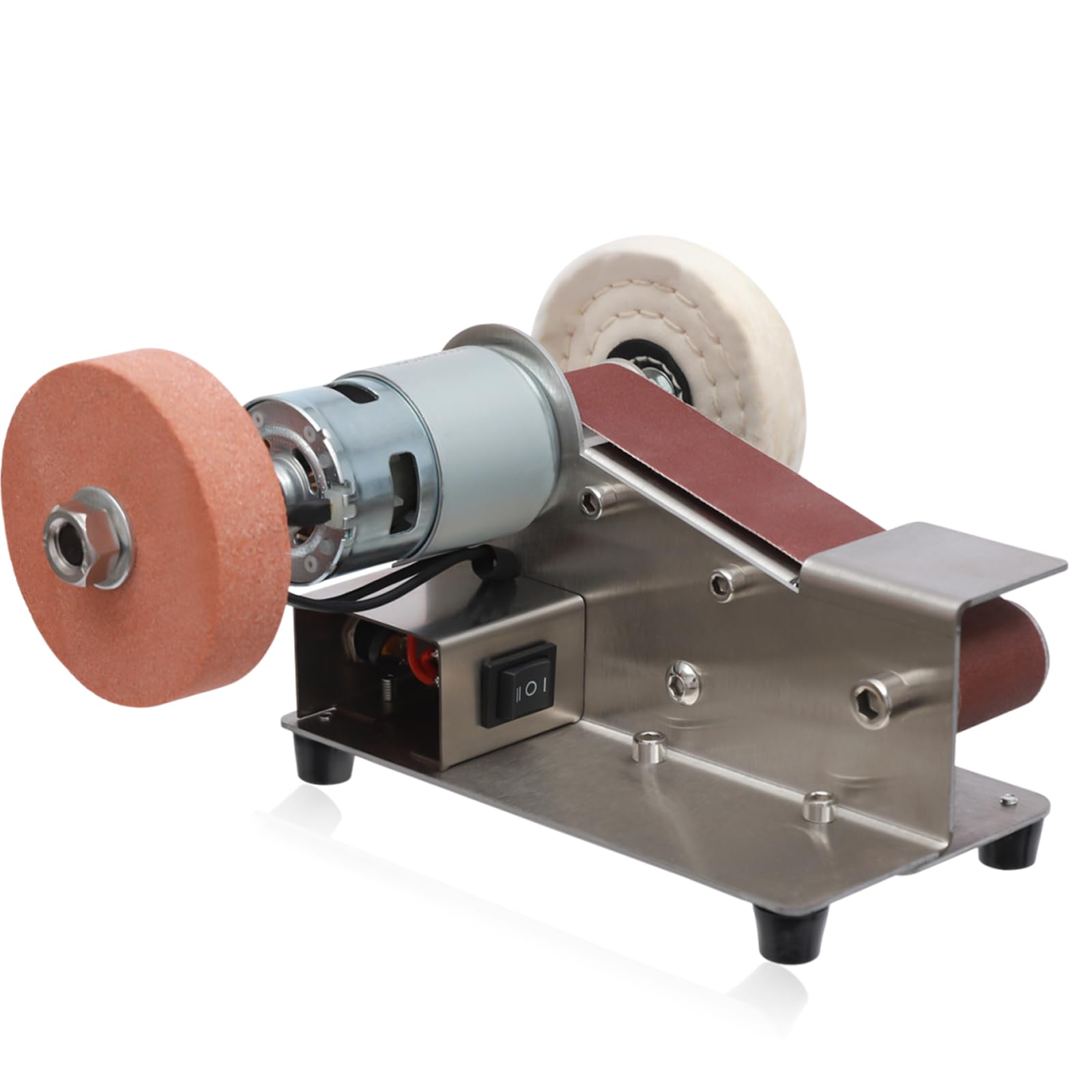 Mini levigatrice a nastro elettrica, 150 W, smerigliatrice a nastro elettrica con 20 nastri abrasivi, 7 livelli di velocità, affilatrice per coltelli, lucidatrice con cappuccio antipolvere