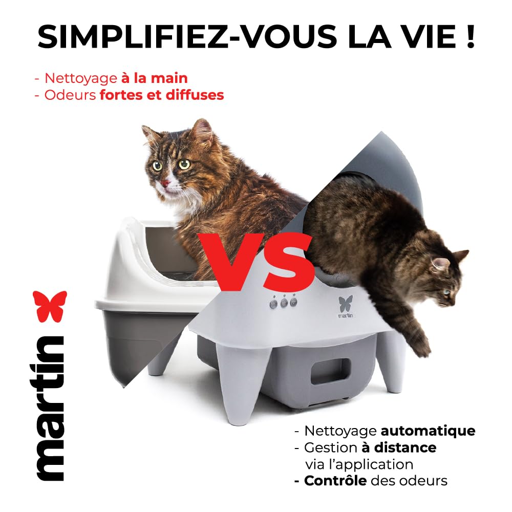 Martin Sellier Automatisches Katzenstreu, 76 l, intelligente Reinigung, Steuerung über App, Sicherheitssensoren, sehr leise (40 dB), mehrere Katzen, modernes LED-Design