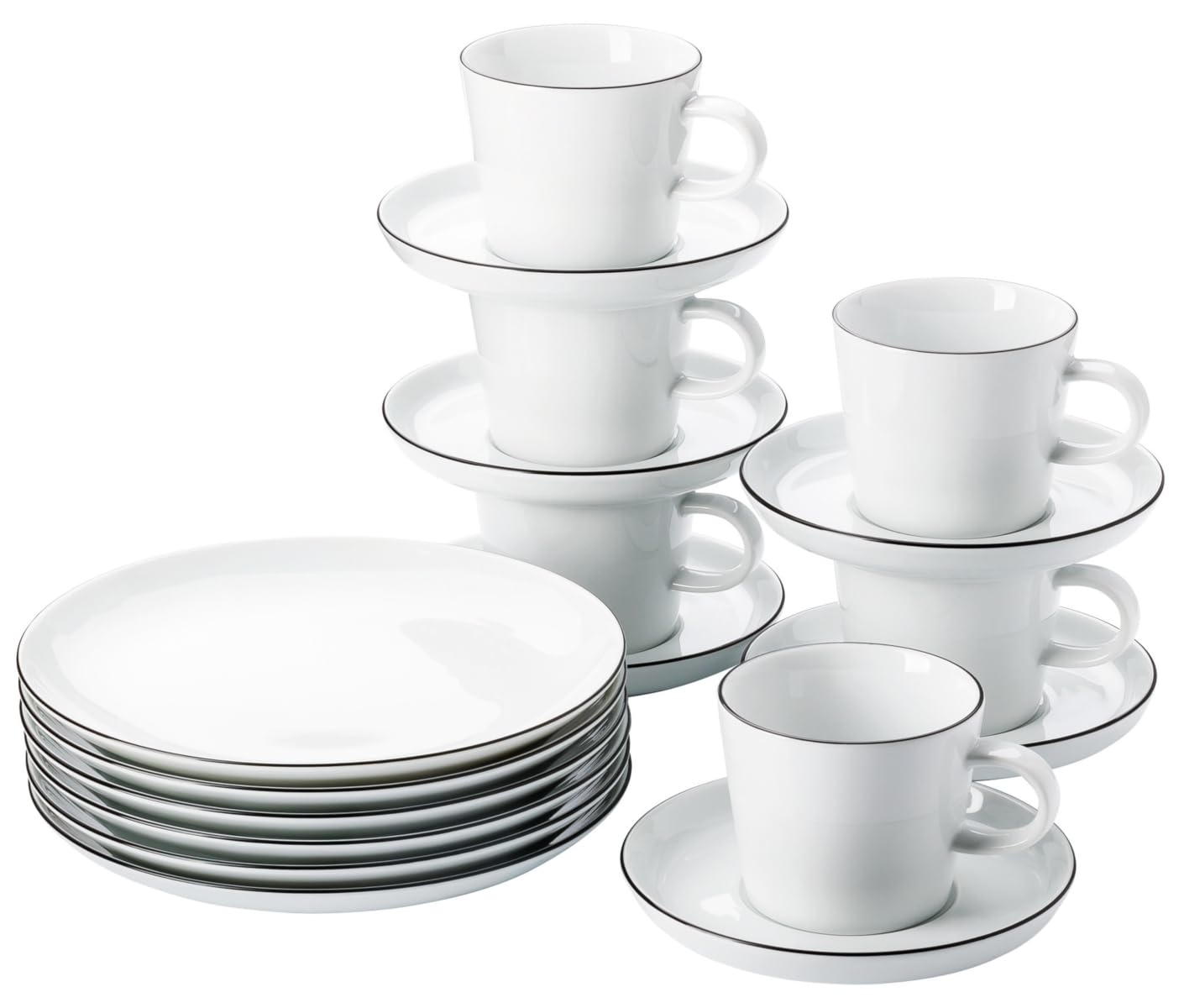 Thomas Cucina-Basic, Colori Black, weiss mit schwarzen Rand, Set 18-tlg., Frühstücksteller, Kombi-Tassen & Untertassen, spülmaschinen- & sikrowellenfest, schlichtes Design - ästhetisch und funktionell