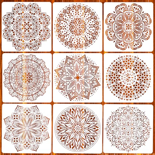 Eunvabir 9 Pack 12x12 Mandala Stencils for Painting on Wood Floor Wall Tile Fabric Reusable Furniture Stencils Painting Template