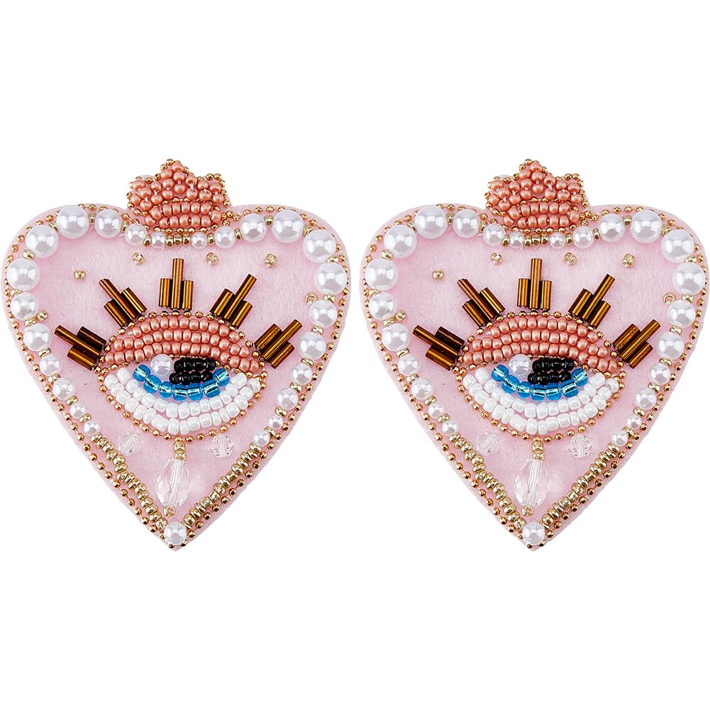SUPERFINDINGS 2Pcs Heart Evil Eye Patch 69x63mm Vintage Weeping Eye Appliques Sequin Heart Applique Sew On Pearl Beaded Heart Patch for Clothing Jeans Jackets Handbag Shoes DIY Decor,Pink