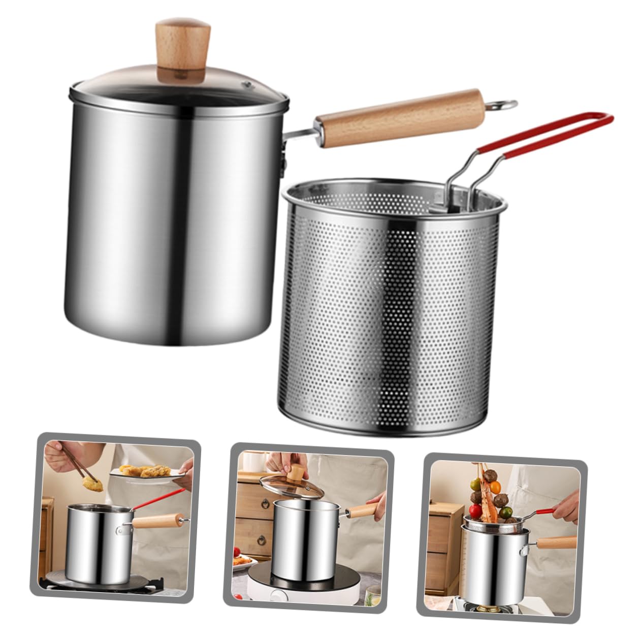 DECHOUS Deep Fryer Basket Pan Stainless Steel Large Size Multifunctional for Breakfast Milk Heating