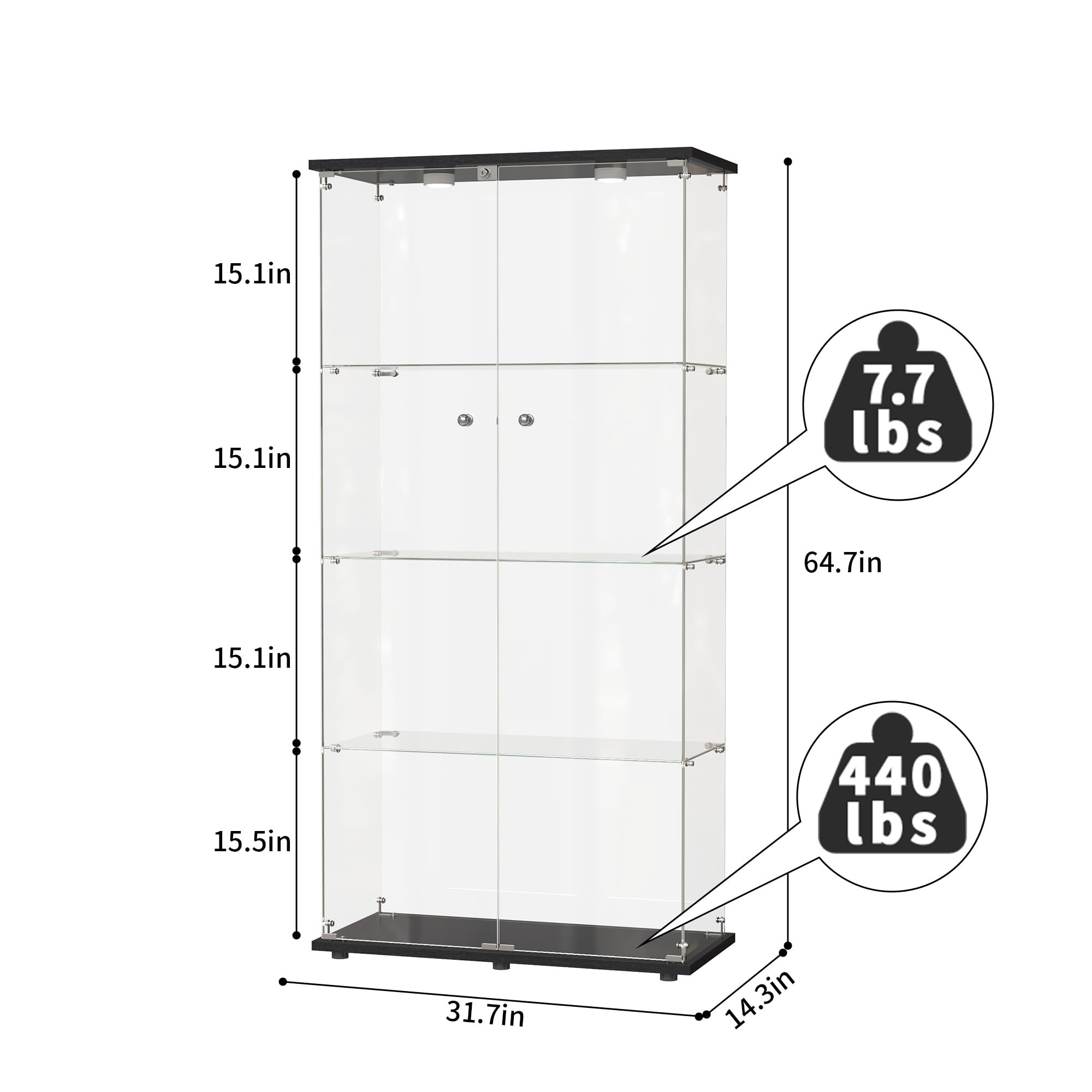 Vitrina de Cristal,164x80.5x36.5cm,Vitrina Expositora para Colecciones con 4 Estantes 2 Puerta con Cerradura,Gabinetes de Vidrio para Salón Dormitorio,Pasillo,Vitrina Cristal,Negro