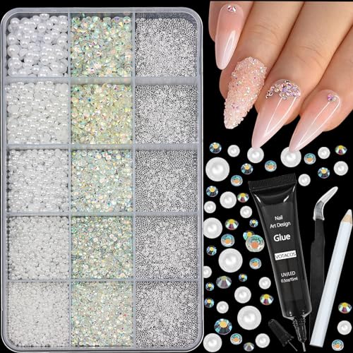 Nail Art Pearls with Rhinestones Glue Gel Flatback Pearls Nail Charms Luxurious Supplies Accessories White Clear Nails Gems Jewelry Pearl for Women Nails DIY Design Decoration
