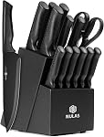 Knife Set, 15 Piece Kitchen Set with Block, Self Sharpening, Dishwasher Safe, 6 Steak Knives, Anti-Slip Handle, Black
