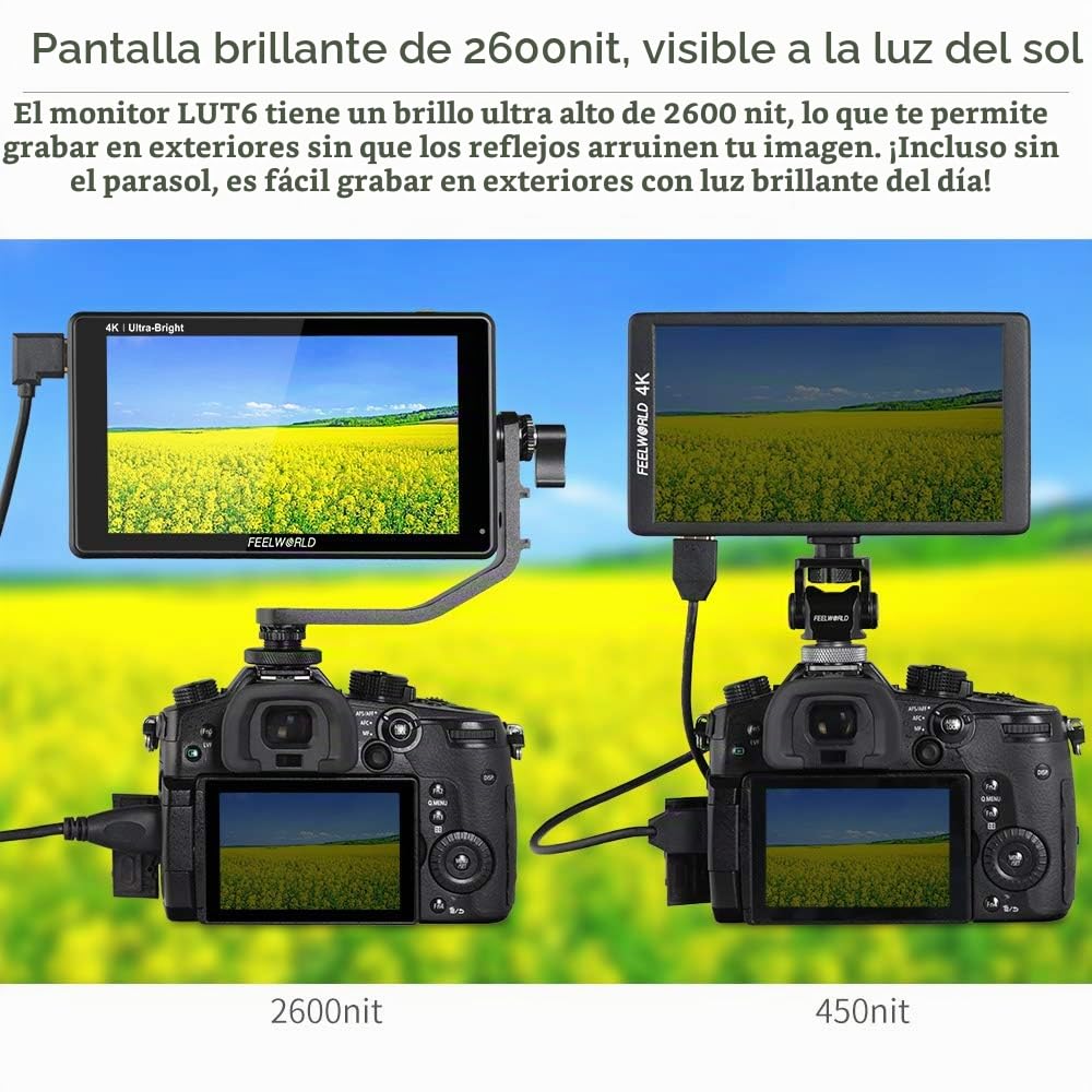 Feelworld LUT6 6 Pulgadas 2600nits HDR / 3D LUT Pantalla táctil Cámara DSLR Monitor de Campo con Forma de Onda Histograma VectorScope Entrada HDMI 4K Salida 1920X1080 Panel IPS con batería F750