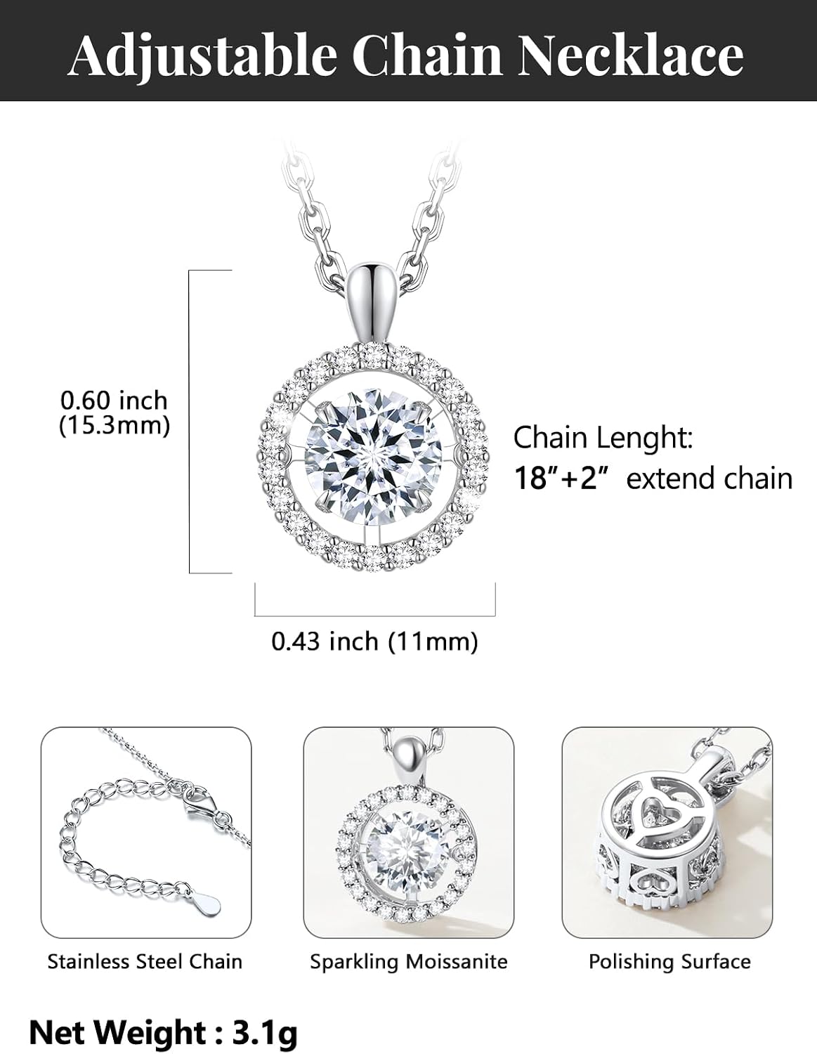 Silvora Moissanite Necklace for Women, Dancing Heart and Round Pendant Necklaces, D Color VVS1 Moissanite Jewelry, Hypoallergenic, 0.5CT/1CT, 18+2 Inch Adjustable Chain