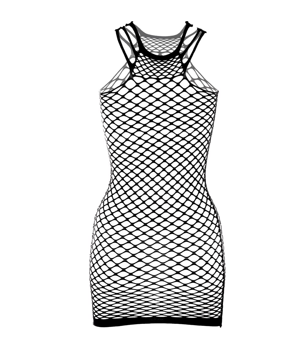 Sniff Rose Women's Black1 Fishnet Lingerie Mesh Cut-Out Bodycon Dress Hollow Out Bodysuits Full Slips Skirt Teddy Babydolls Chemise Sleepwear (Black1)