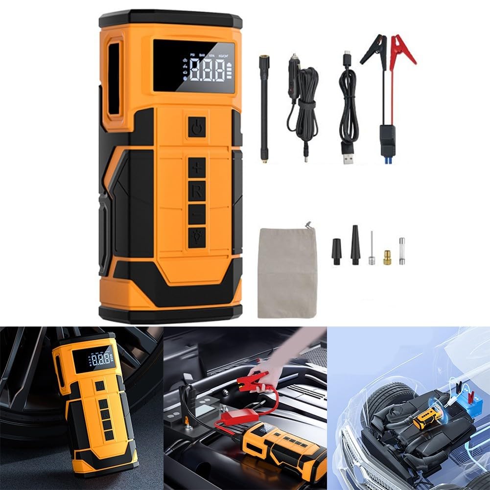 Eawfgtuw Arrancador de coche de 8000 A con bomba de aire, paquete de refuerzo de batería de 12 V, inflador de neumáticos de 150 PSI, banco de energía portátil, paquete de salto automático de