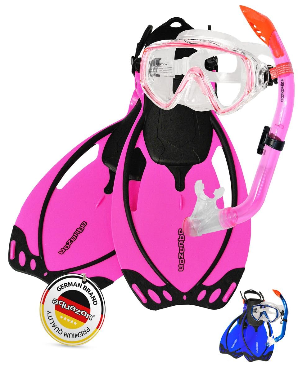 AQUAZON Miami Schnorchelset, Schwimmset, Tauchset, Taucherbrille mit Anti Fog Tempered Glas, Silkon, Semi Dry Schnorchel, verstellbare Flossen für Kinder