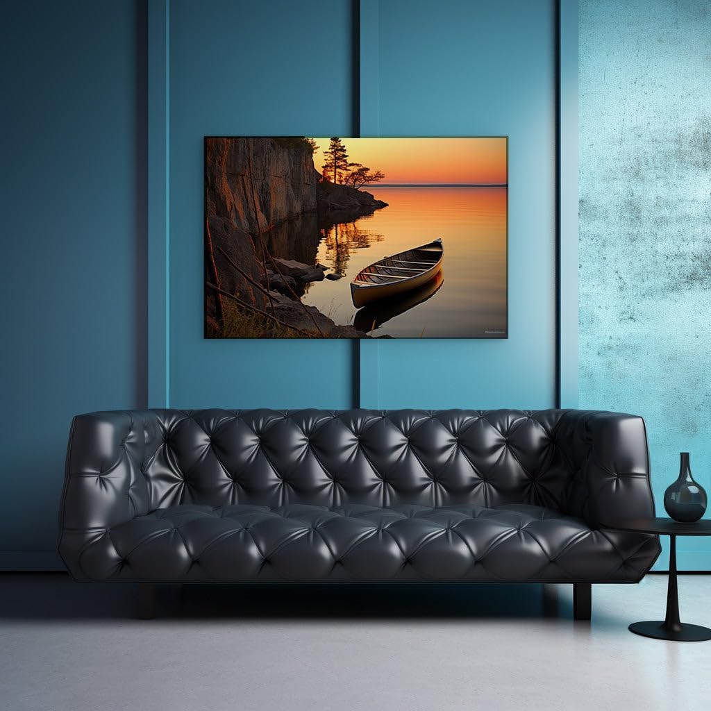 Canvas for Living room. Serene Sunset Solitude: Embracing Tranquility at the Lakeside, 27 x 18 inch Canvas Wall Art - Beach Sunsets And Sunrises - Modern Home Decor
