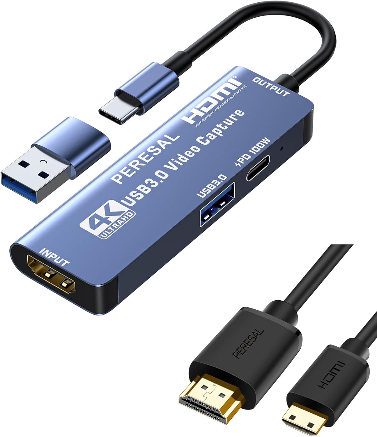 USB 3.0 Video Capture Card with 12IN Mini HDMI Cable PD 100W and USB3.0 Port, Streaming Game Recording 4K, 60FPS, HDMI to USB-A/USB-C Capture Card for Quest 3, Switch, PS5/4, Camera, Tablet PC