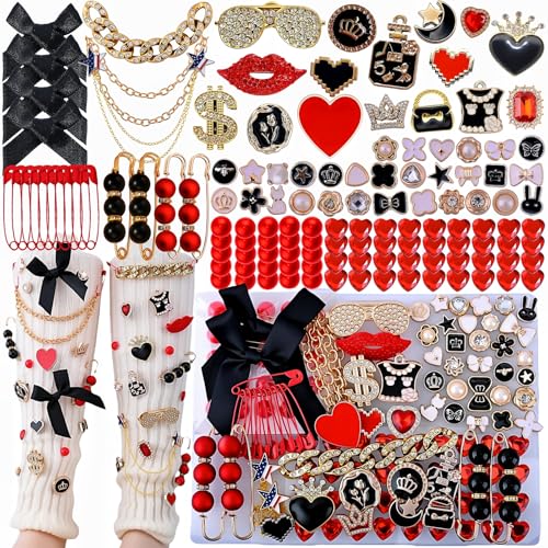 Omiposs Junk Socks Charms Kit 133PCS Shoe Charms for Sneakers Sock Jewelry Charms Brooches and Pins for Women to Decorate Junk Socks Hats (Red and Black)