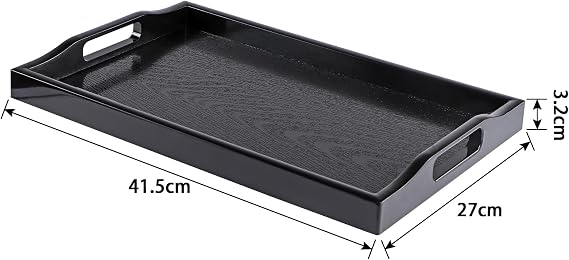 Rectangular Serving Tray with Handle, Decorative Table Platter, Plastic Ottoman Board (Black)