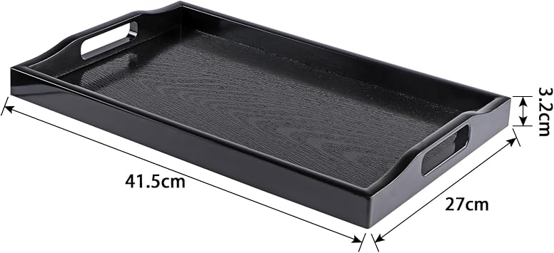 Rectangular Serving Tray with Handle, Decorative Table Platter, Plastic Ottoman Board (Black)
